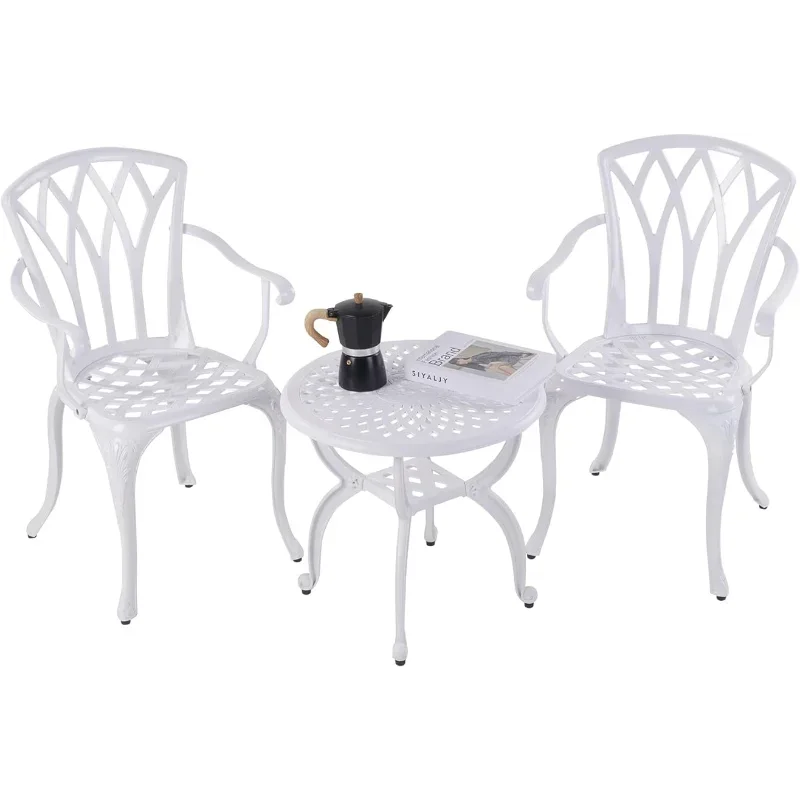 Jardin  3-Piece Outdoor Bistro Set Cast Aluminum Rust-Resistant Patio Furniture Armchairs Design (White)