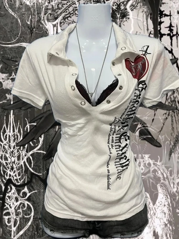 

Japanese Letter Printing Vintage Tops Y2k Aesthetic Turn Down Collar Punk Tshirts Women Grunge ​Harajuku Casual Slim Fit ​Tees