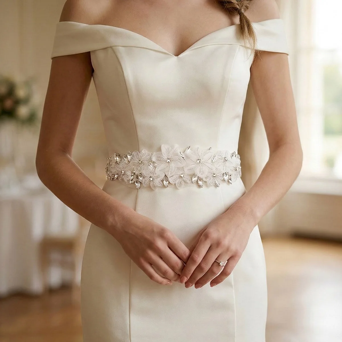 Romantic 3D Floral Bridal Belt Rhinestone Wedding Dress Sash Applique Pearl Flower Thin Ribbon Waist Band for Women As Gifts