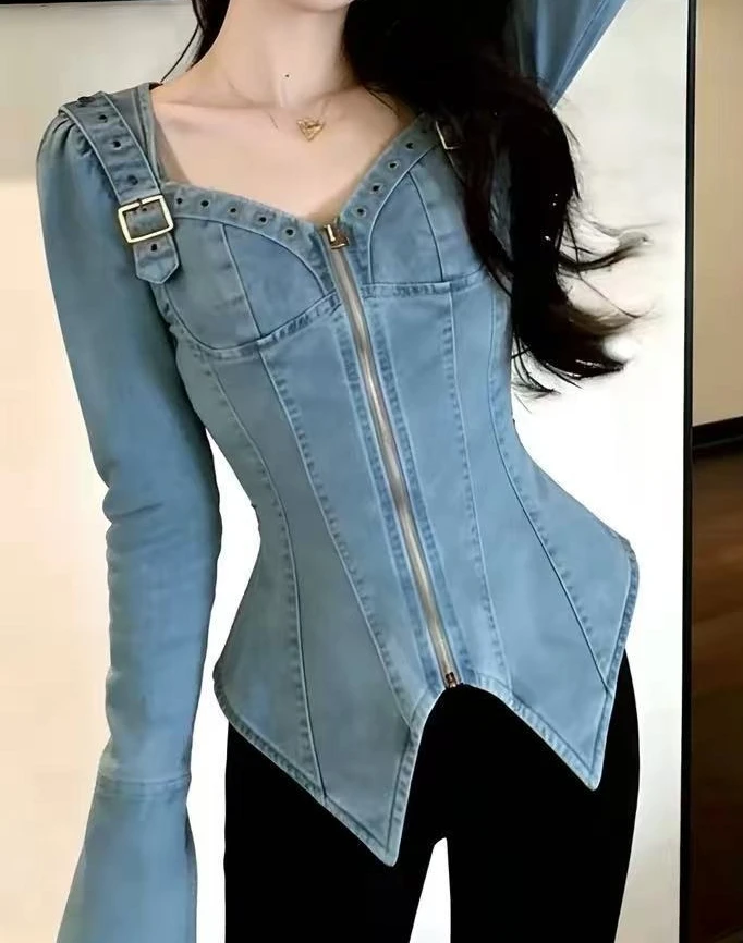 2026 Strap Denim Jacket for Women in Early Spring and Autumn  Waist Cinched  Slim Fit Zipper Fishbone Top