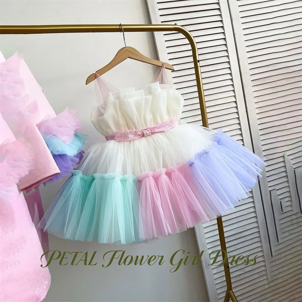 Petal Rainbow Gradient First Communion Gown Spaghetti Straps Girls Princess Dress with Belt Fairy Evening Party Dress for Girls