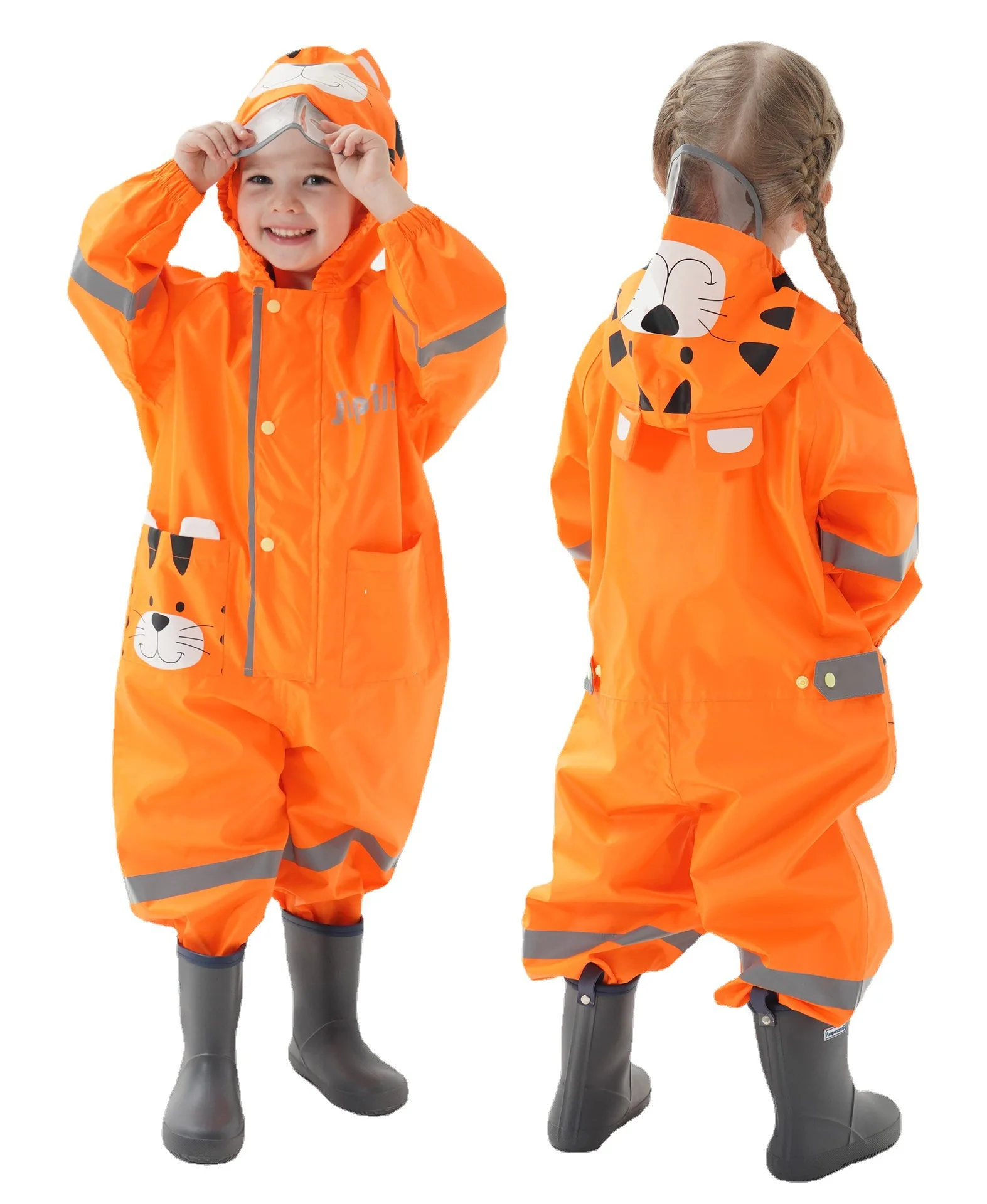 New Children\'s One-piece Raincoat Fashion Cute Cartoon Tiger Owl Three-dimensional Raincoat with Hat Brim Reflective Baby Poncho