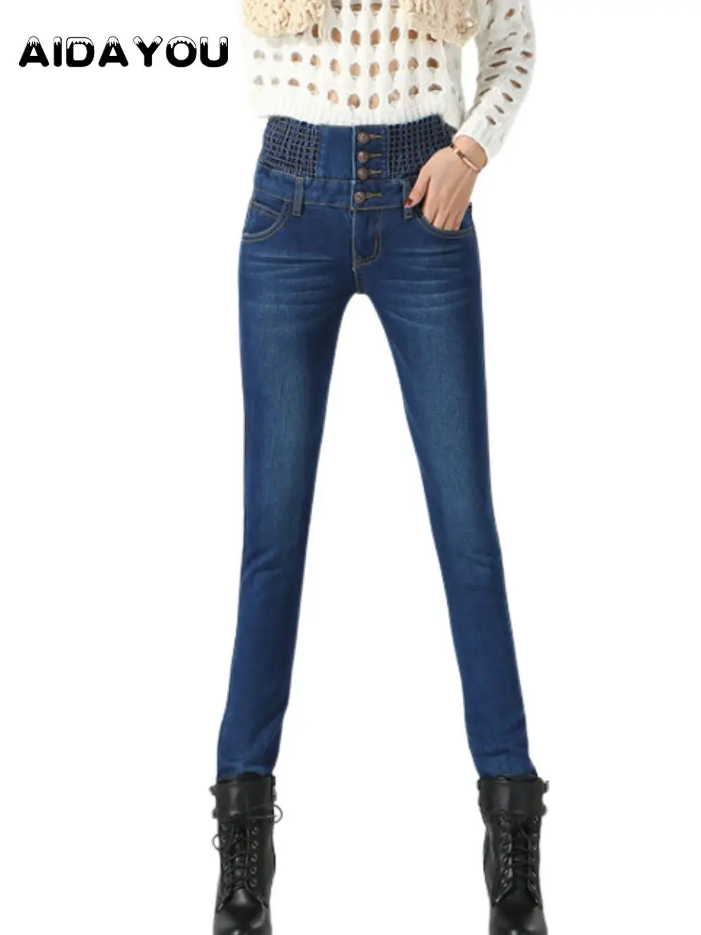 

Button Fly Jeans High Waisted J for Women Autumn Winter Button Elastic Jeans female washed Denim Pants 3XL 4XL