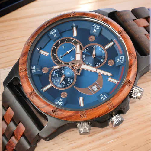 Imagen 2 del producto Relojes de pulsera de madera para hombre, relojes de pulsera de cuarzo a la moda con reloj, relojes con fecha y semana, caja de madera para él, reloj para hombre