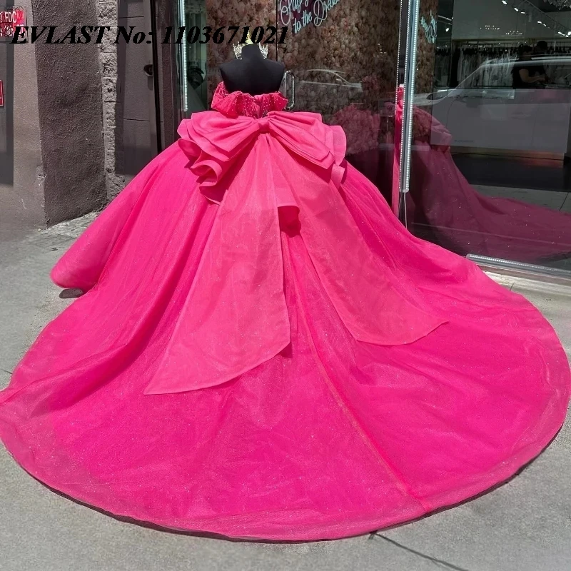 EVLAST Customized Rose Red Shiny Quinceanera Dress Off Shoulder Ball Gown Beaded Crystal Bow Sweet 16 Vestidos De 15 Anos SQ719