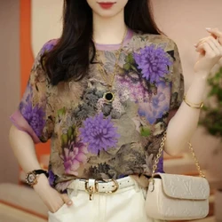 Short-sleeved T-shirt for Women with Design Light Breathable Fashionable Age-reducing Shirt Loose Belly-covering Top