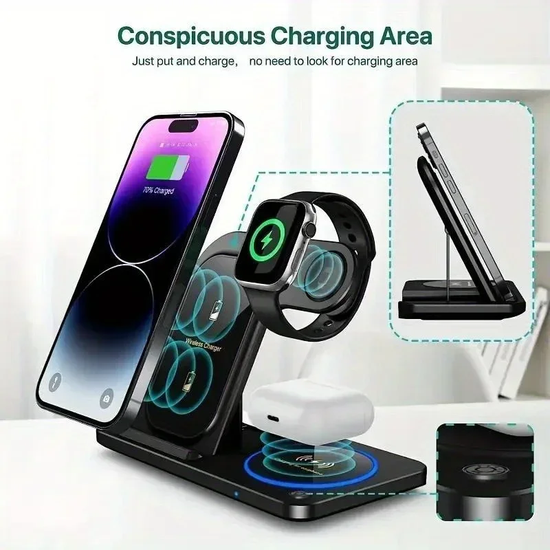 3 In 1 Wireless Charger Stand Pad Night Light Desk Travel Fast Wireless Charging Station For iPhone 16 15 14 13 iWatch Airpods