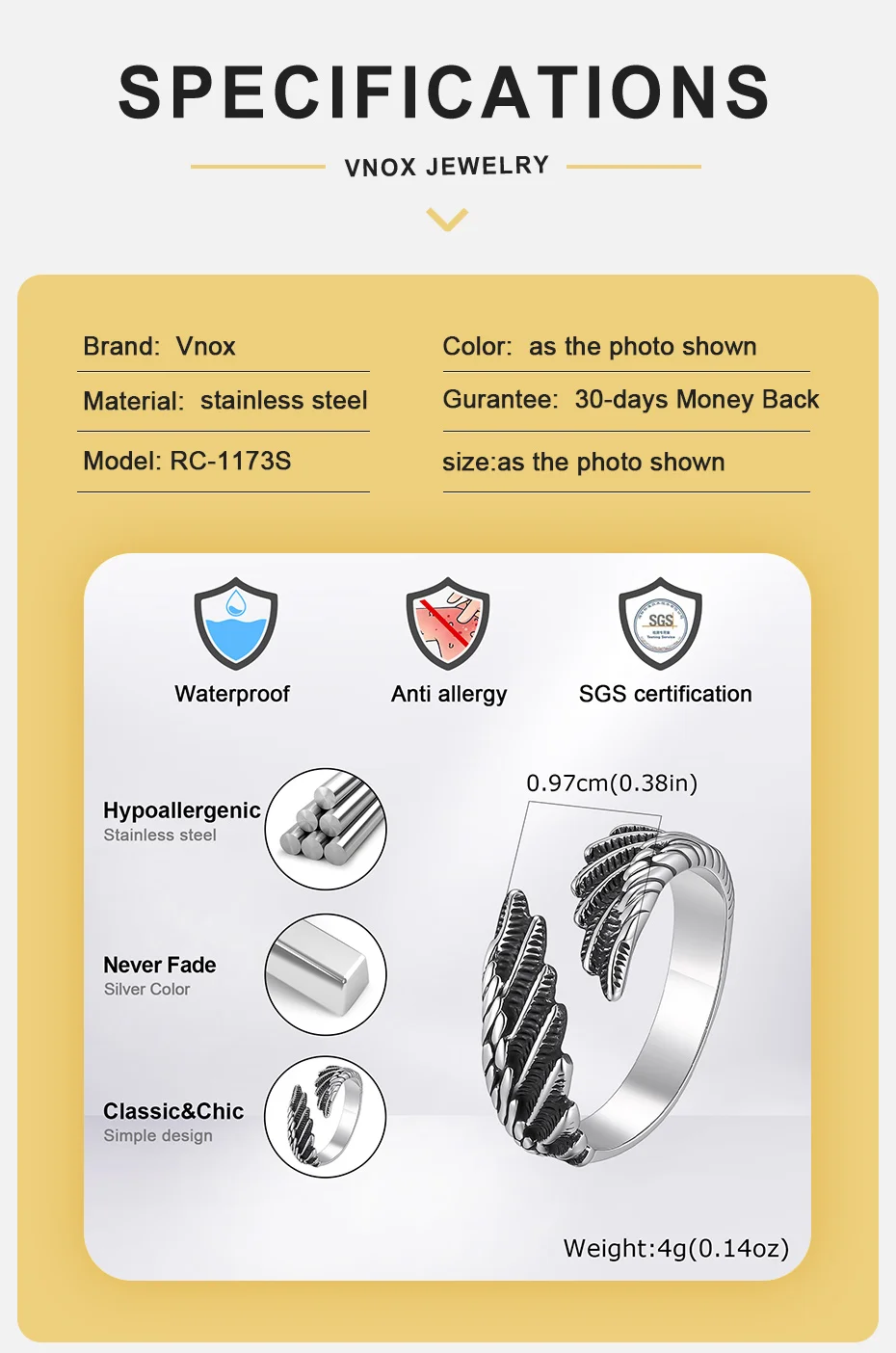 Vnox Herren Edelstahl Engelsflügel Offener Ring Retro Feder Verstellbarer Bandring Punk Vintage Fingerschmuck Geschenk für Ihn – Detail 4