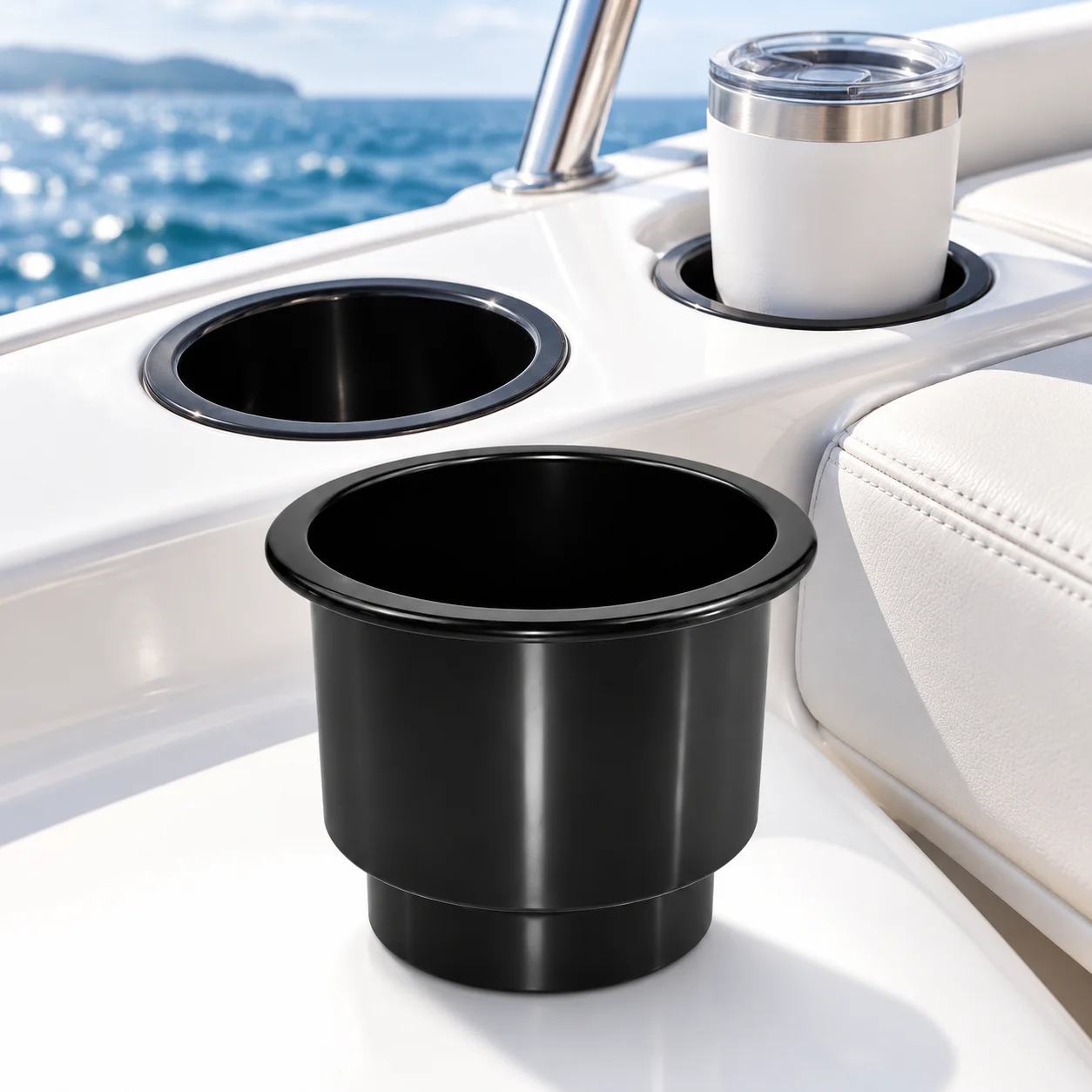 Cup Holder Insert with Recessed ABS Tray and Drain Outlet to Route Away Spills in Yachts RVs Campers Trucks and Marine Vessels
