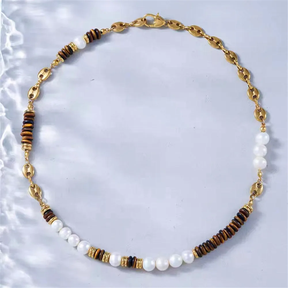 

Natural Tiger Eye Stone Bead Necklace For Women Vintage Stainless Steel Natural Pearl Geometric Energy Healing Necklace Jewelry