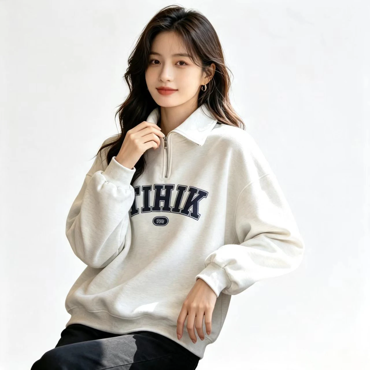 Milk‑style Polo‑collar Sweatshirt for Women, Early‑spring New Oversized Streetwear Half‑zip Couple Top, Regular‑shoulder view 6