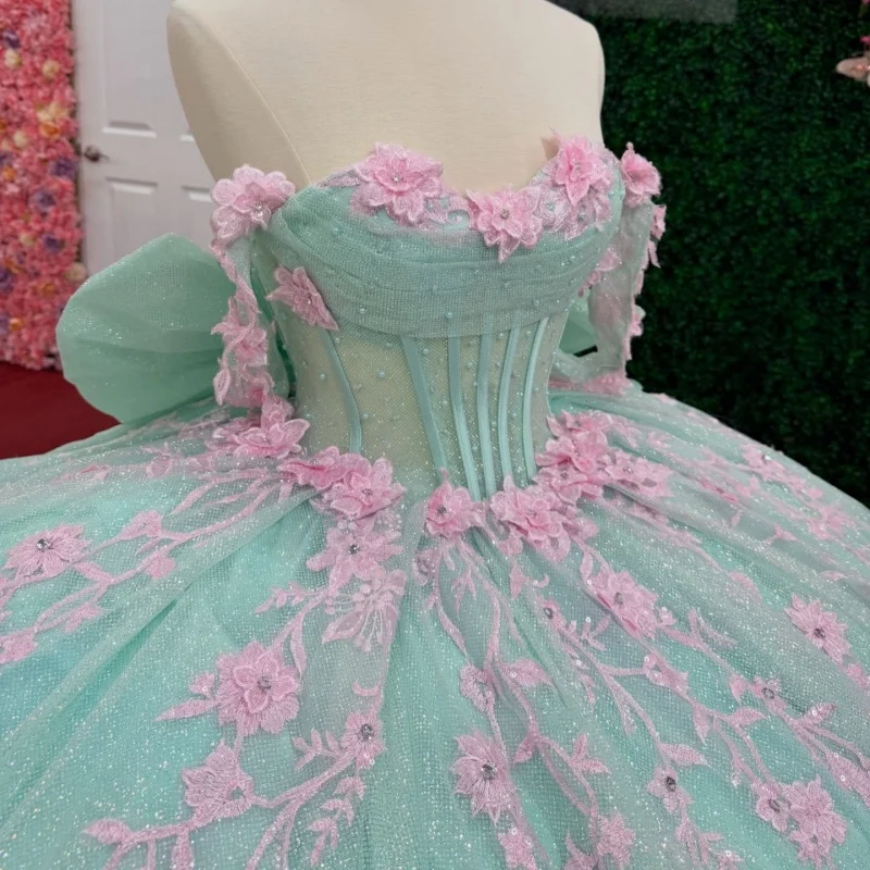 

Shiny Cyan Quinceanera Dress off-shoulder Glitter Decal 3D Flower Long tail Bow vestidos de 15 Quinceanera ﻿Customized