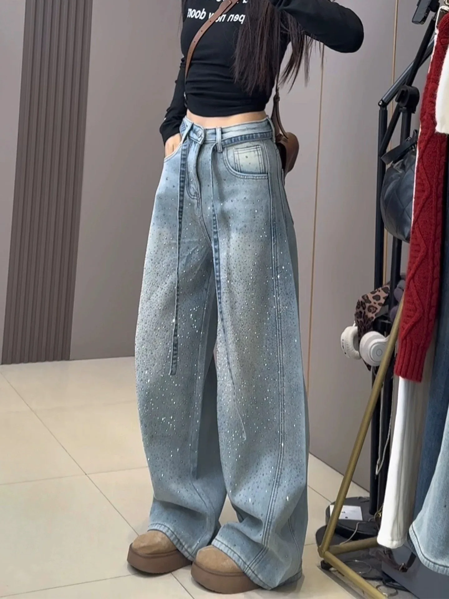 

Широкие джинсы с высокой талией для женщин, деним-брюки с расклешенным низом, осенне-зимние, модный дизайн, джинсы с эффектом «бриллиантового плетения»