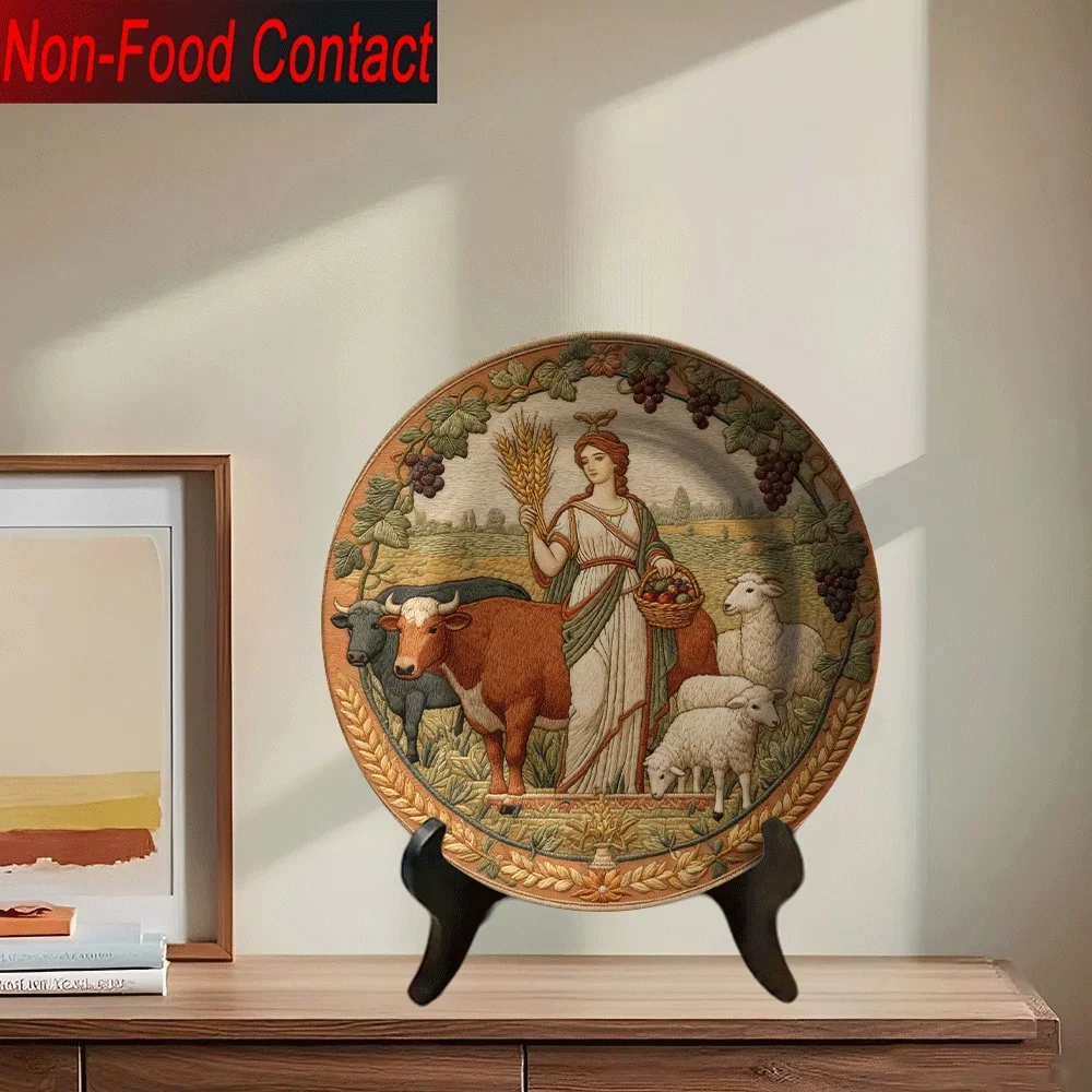 1pc Ceramic Decorative Plate - Harvest Goddess with Grapes, Wheat & Sheep Design, Non-Food Contact Surface, Round Tabletop