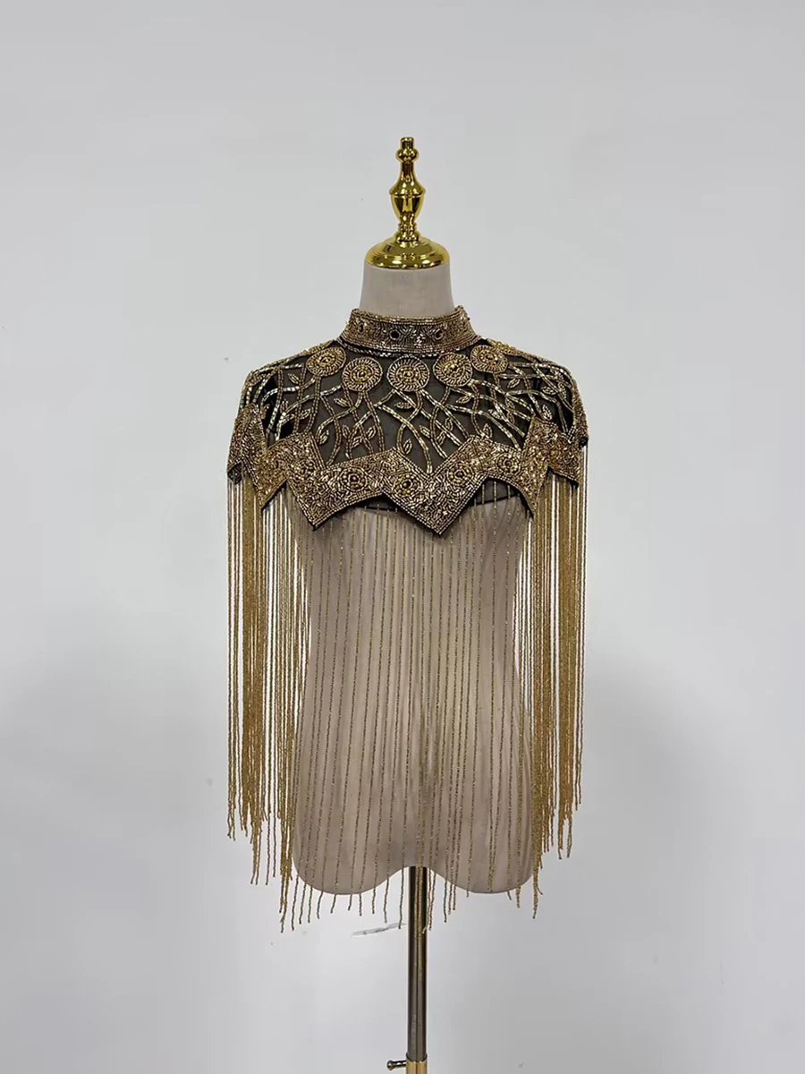 CHICEVER Patchwork Gold Color Tassel Shawl for Women Stand Collar Spliced Diamonds Hollow Out Loose Jacket Female Fashion New