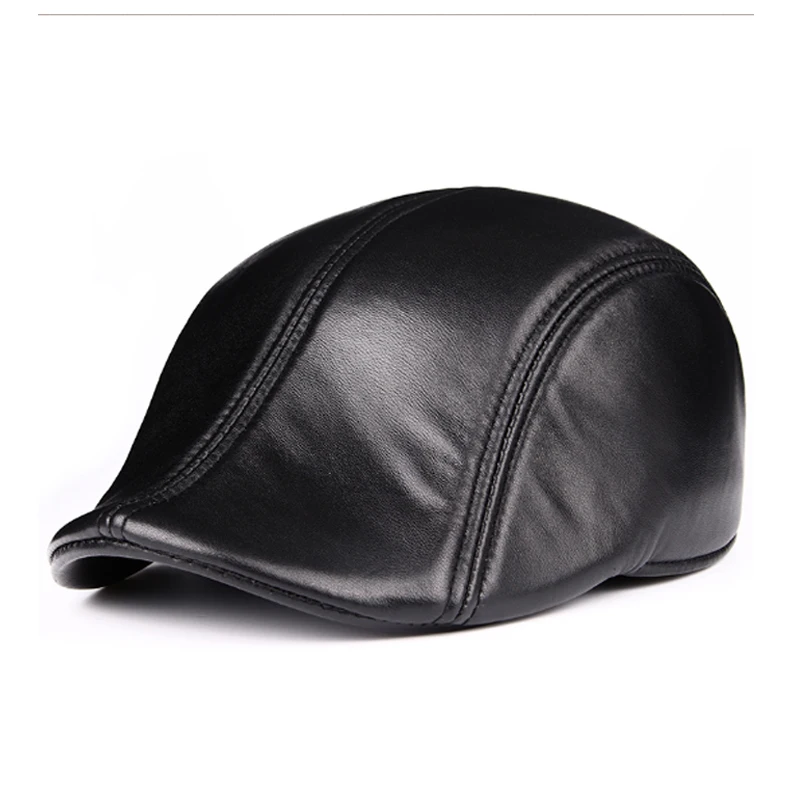 

2022 Real Leather Sheepskin Windproof Duckbill Berets Man Cap Gorras Black Ear Protection Casquette Hats For Male Casual