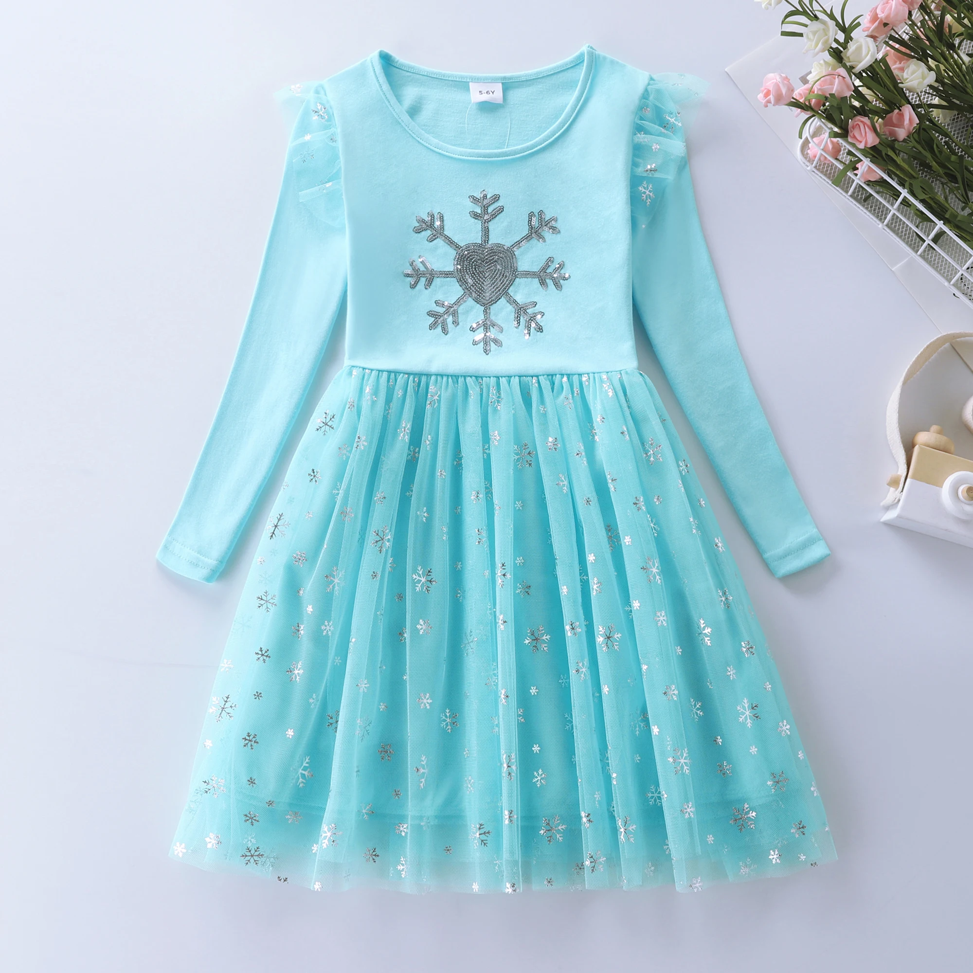 Girls' Long sleeved Snow Flower Embroidery Christmas Autumn Mesh Princess Dress LH1711