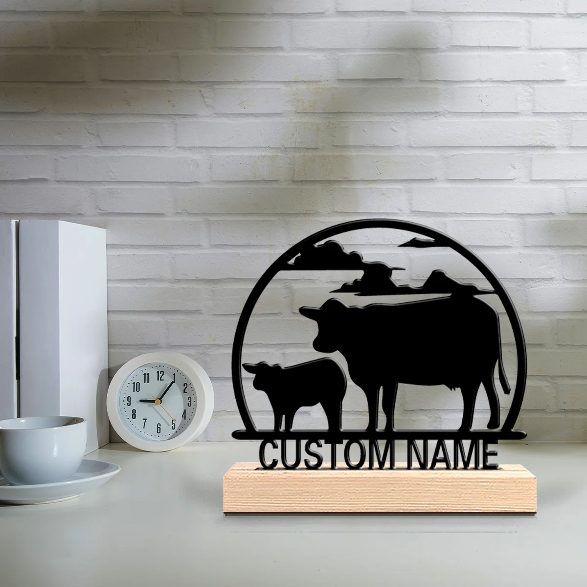 1pc Fashion Cow Customizable Name Metal Statue Iron Ornament Art Crafts With Wood Base Metal Sculpture With Wood Base Home Table