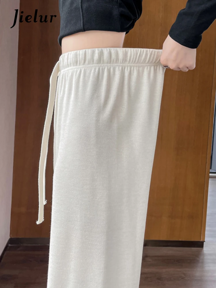 Jielur Loose Thick Solid Color Women Pants High Waist Simple Chic Pockets New Knitting Fashion Female Wide Leg Pants Streetwear