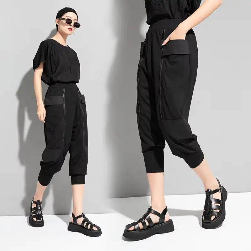 

Ladies Harlan Pants Spring/Summer New Personalized Spliced Zipper Pocket Design Loose Casual Large Size Pants