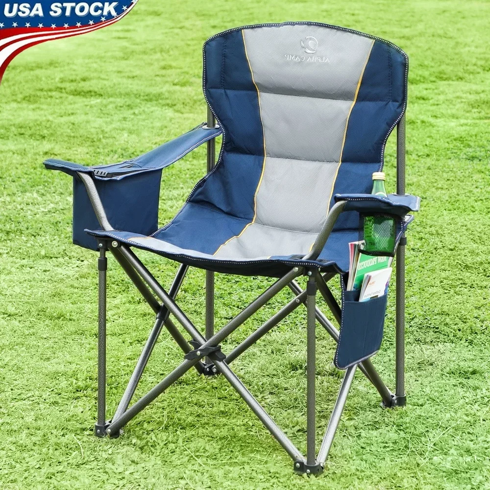 

Oversized Camping Chair Heavy Duty Folding Portable Chair with Cooler Bag Cup Holder Padded Comfortable Lawn Outdoor Use