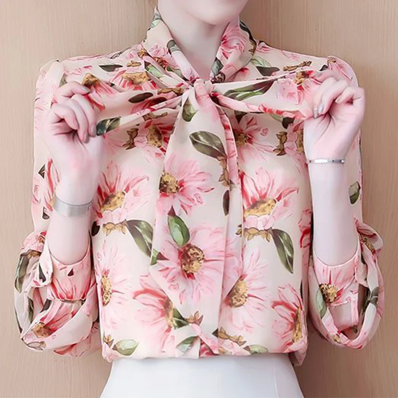 2023 Spring and Autumn New Chiffon Pullover Shirt Scarf Collar Bow Bandage Fragmented Floral Print Long Sleeve Loose Blouse