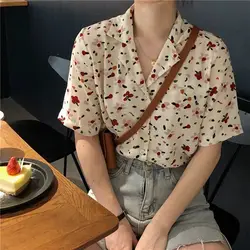 Camisa Floral Vintage para mujer, blusa holgada de gasa con estampado de manga corta y cuello en V, moda coreana, novedad de verano