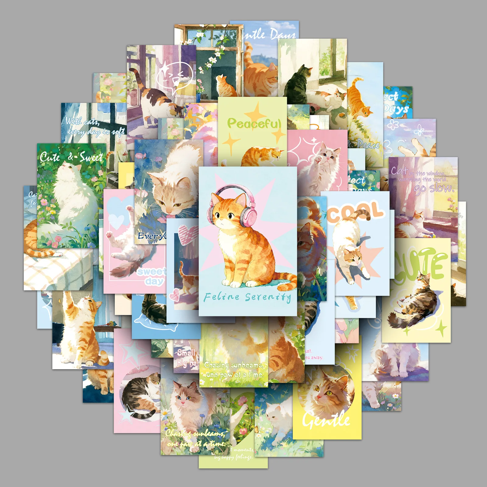 50Pcs Cute Cat Cards Set for Watercolor Decor Aesthetic DIY Phone Case Handbook Skateboard Craft Greeting Cards Gift for Kids