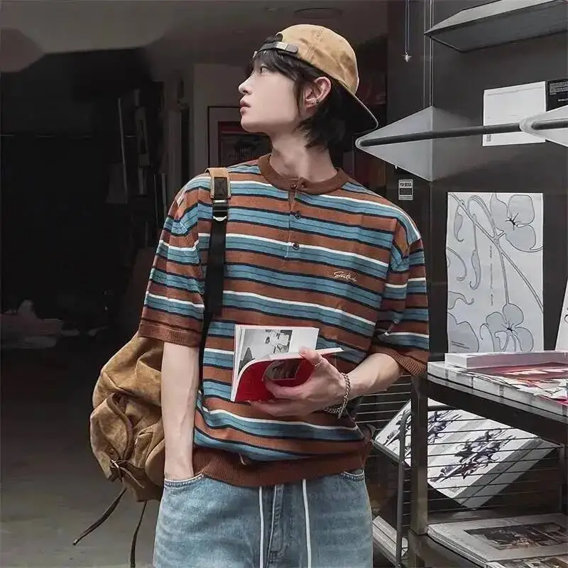 Men's Striped Knit Shirt Brown Blue Casual Streetwear Loose Short Sleeve Summer Fashion Korean Trendy Pullover Top 9XL946