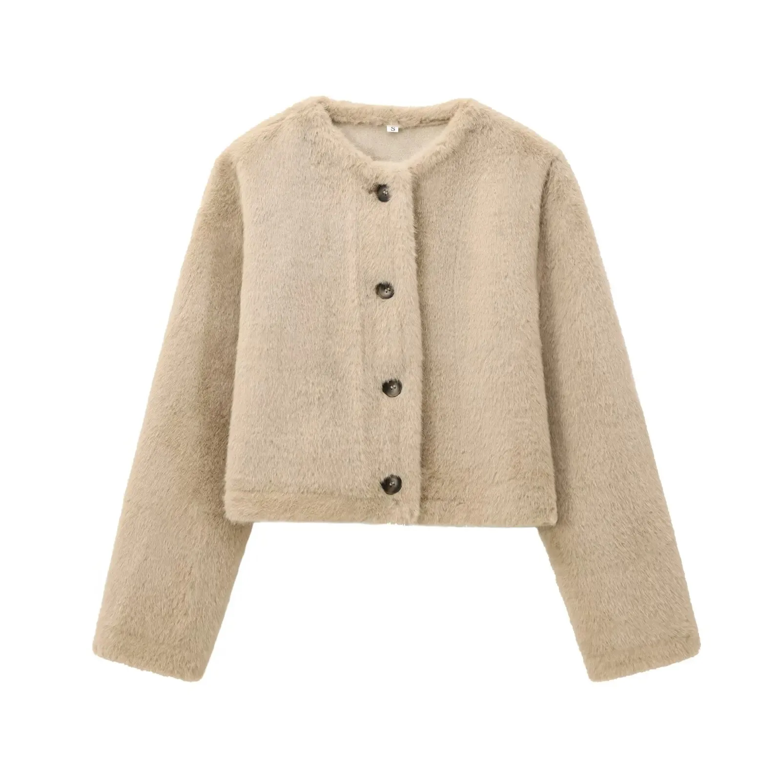 HH femmes automne nouvelle mode col rond simple boutonnage veste femme Chic en peluche fausse fourrure effet recadrée décontracté manteau lourd