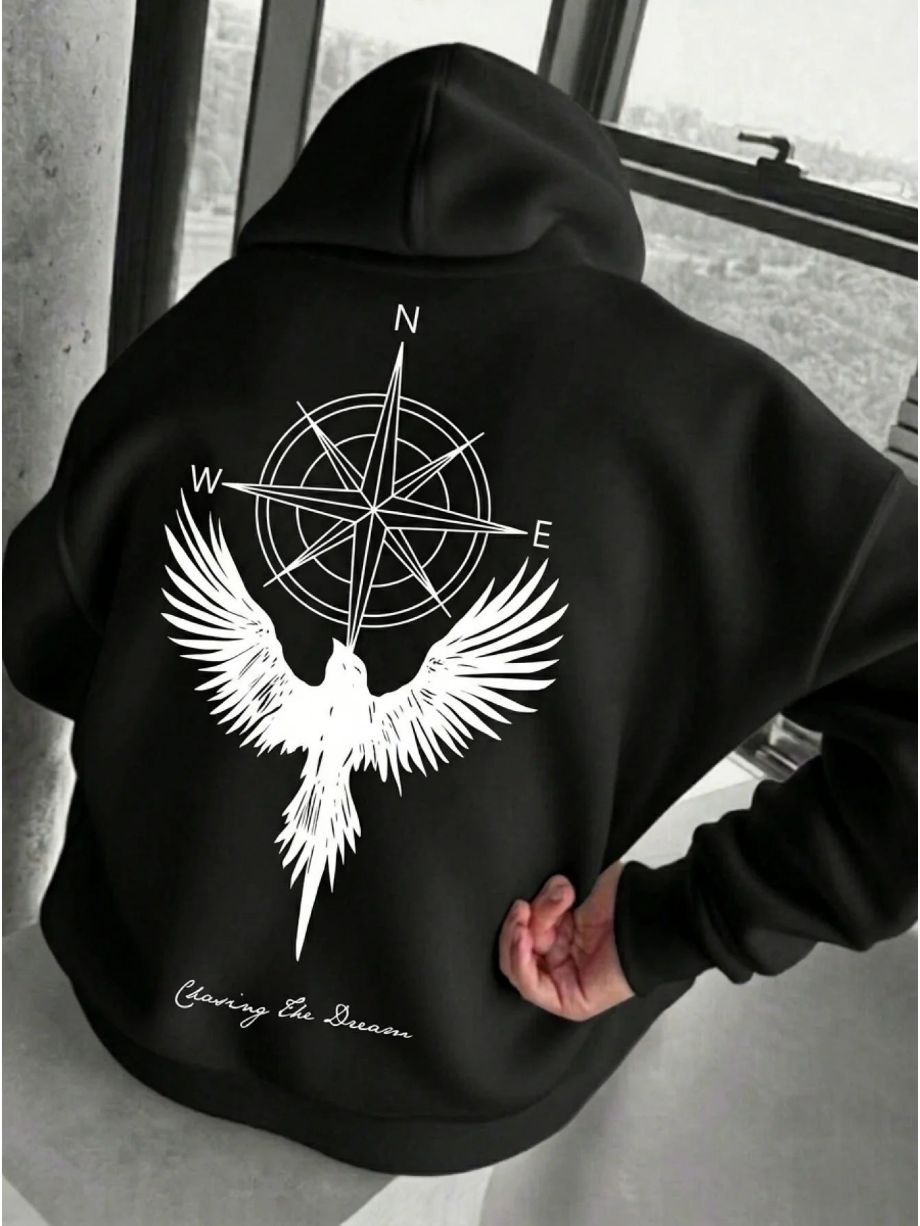 Men Autumn Winter Warm Hoodie Compass Eagle Chasing The Dream Graphic Print Loose Streetwear Pullover Sweatshirt