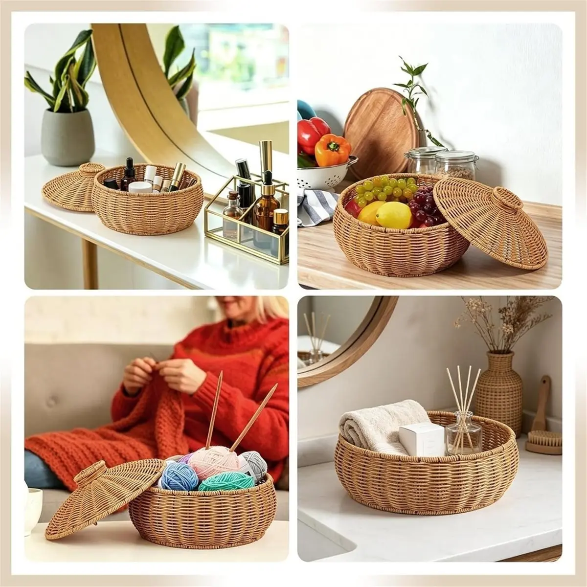 Round Plastic Boxes with Lid Woven Storage Decorative Basket Hand-Woven Multi-Purpose Wicker Tray Picnic Food Bread