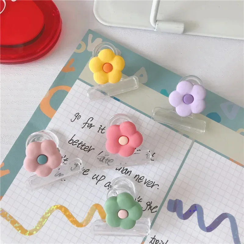 

3Pcs Ins Cute Cartoon Flower Transparent PP Paper Clip Sticky Note Photo Bill Test Paper Storage Spring Clip Office Accessories