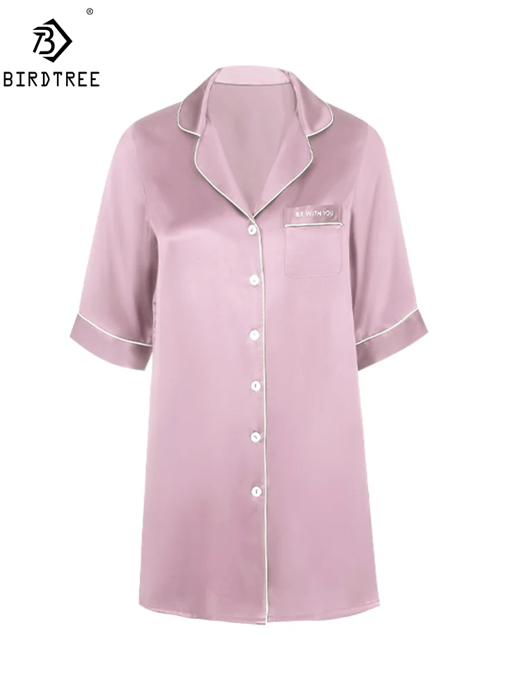 BirdTree, 16MM 100%Real Silk Shirt Nightgown, Women Embroidery Half Sleeve, Casual Pajamas Dress, 2026 Summer Autumn P47635QM