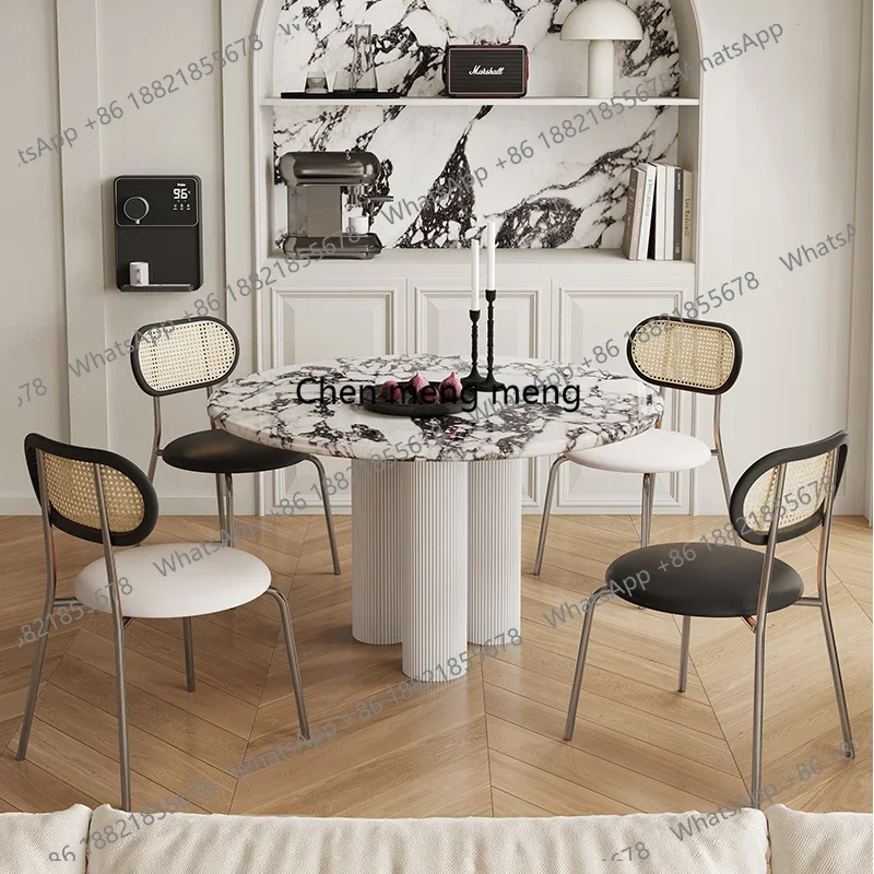 L07 Upscale Round Marble Table Set - French Round Marble Table with Cream Chairs,Inspired Modern Aesthetic for Modern Apart