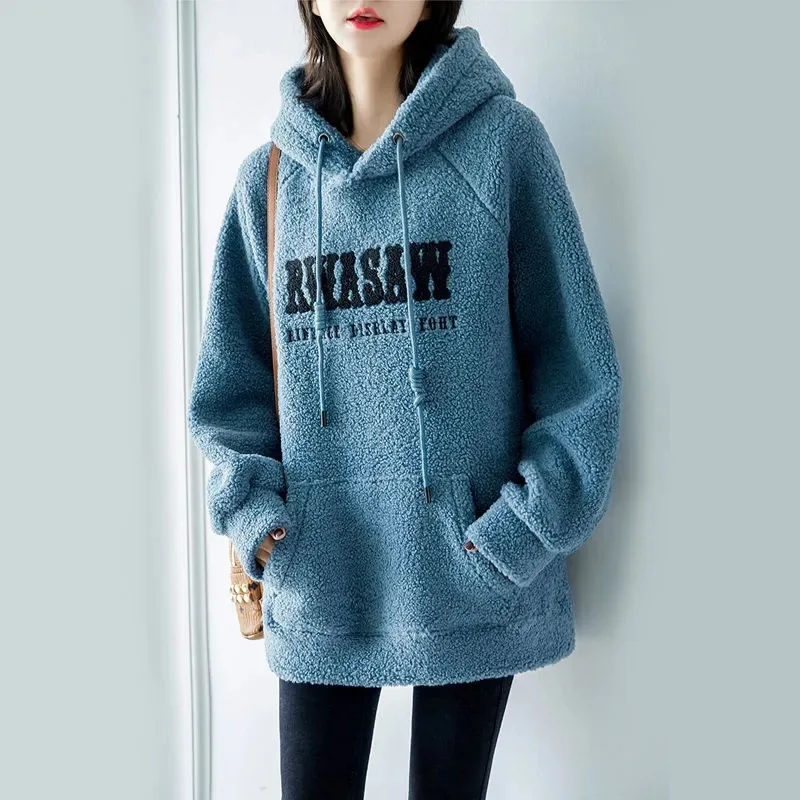 2023 frühling Herbst Hoodies Frauen Fleece Verdickte Mit Kapuze Kleidung Neue Mode Lose Große Größe Stickerei Brief Warme Hoodies