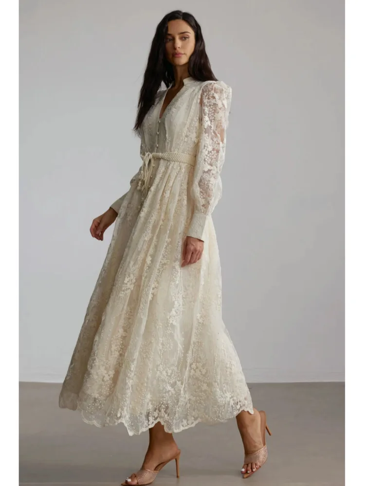 DFDG Damesjurk voor lente/zomer, V-hals, kant, pofmouwen, strik voor, maxi-jurk, casual, vakantie, date, 2026, trendy, vrouwelijke modejurk