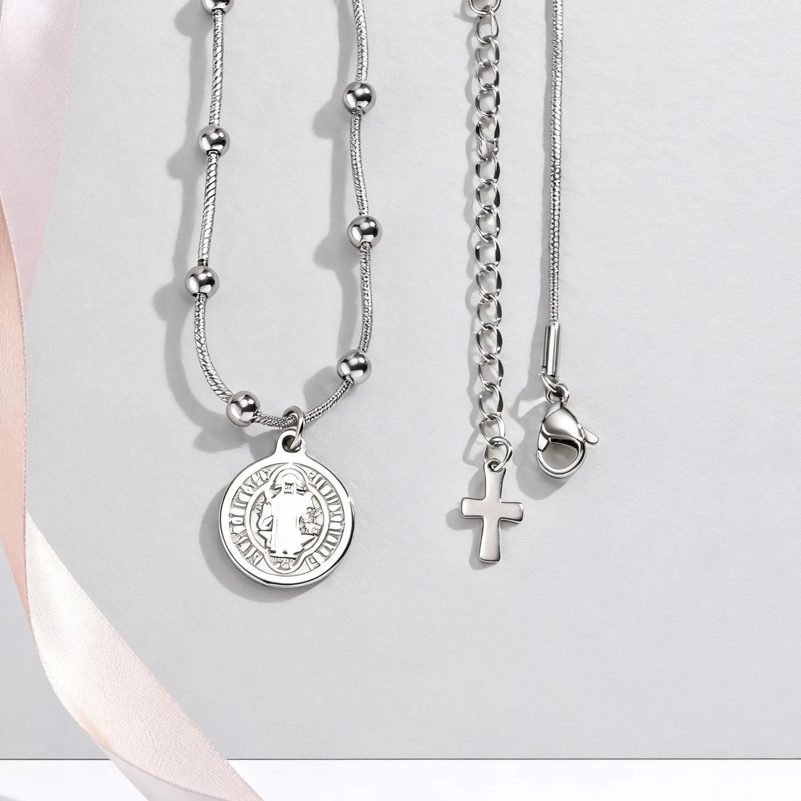 Vnox Catholic Charm Saint Benedict Pendant Necklace Stainless Steel Snake Chain Collar Lightweight Jewelry - Image 4
