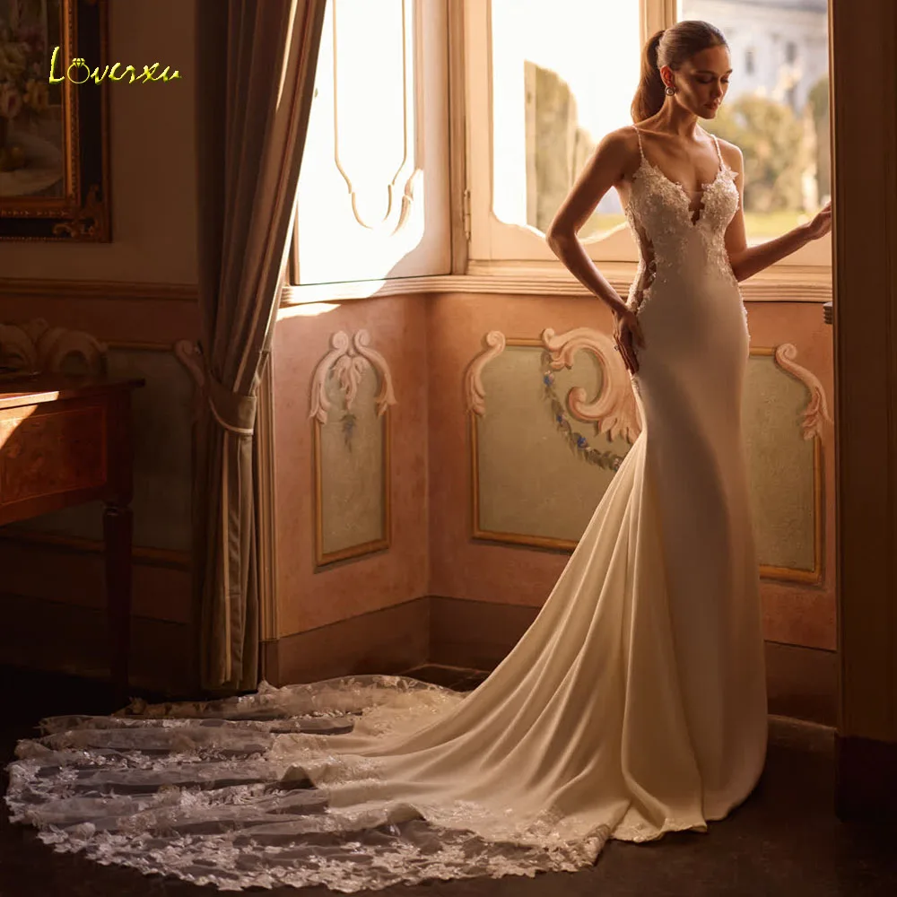 

Loverxu Русалка Сексуальные свадебные платья на тонких бретельках Vestido De Novia Кружевная вышивка Матовые атласные свадебные платья на заказ
