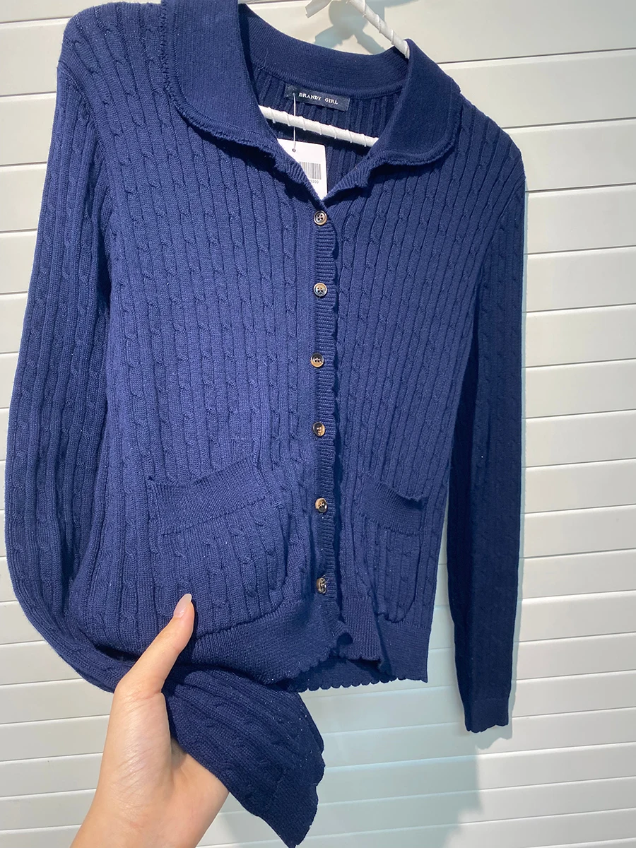 Navy Twist Babydoll Collar Cardigan Women Autumn New Lace Trim Cotton Buttons Knitted Jumper Cute Sweet Preppy Style Sweaters