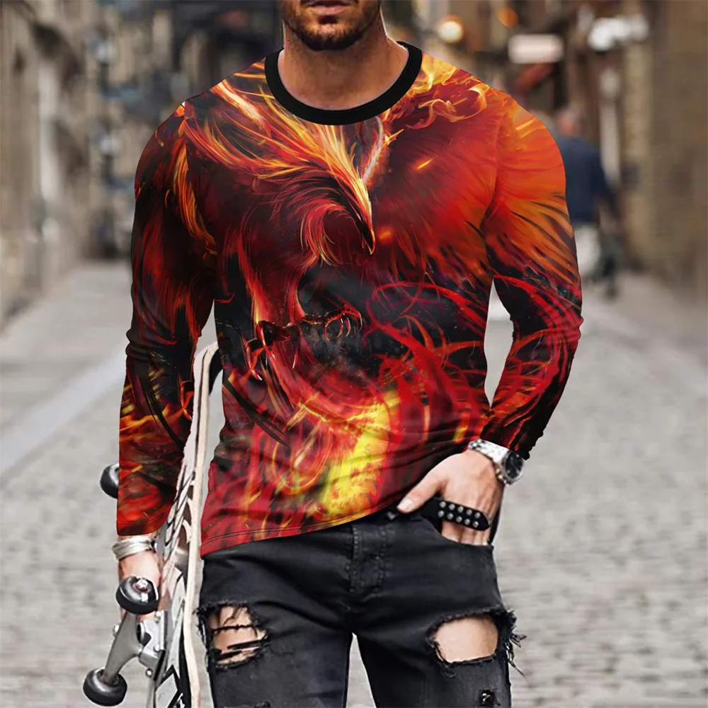 

Funny 3D Rosefinch Print T Shirt For Men Fall Long Sleeve Pullover Hip Hop Street y2k Clothes Men Casual O-neck Loose Cotton Top