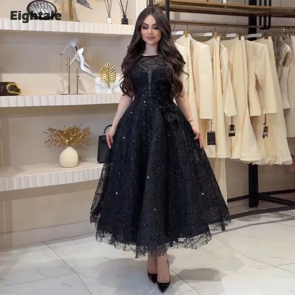 Eightale Vintage-Abschlussballkleider mit O-Ausschnitt und Pailletten, individuell gestaltet, schwarz, knielang, A-Linie, für Mädchen, Abschlussball, Hochzeit, Party