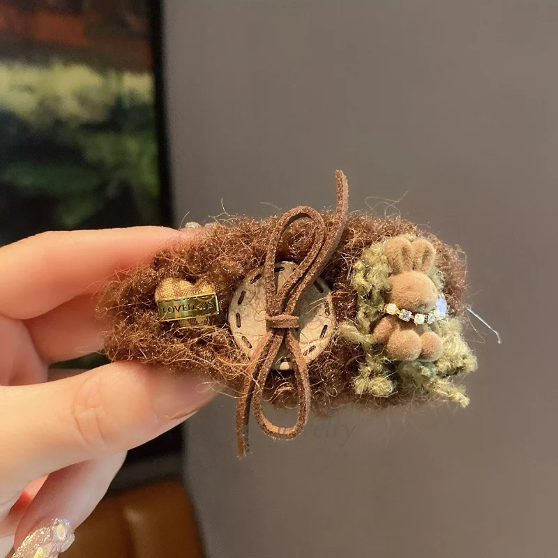 

Brown Lamb Wool Cartoon Rabbit Hair Clip Niche Design Sweet Girly Heart Side Bow Hairpin Hair Accessory