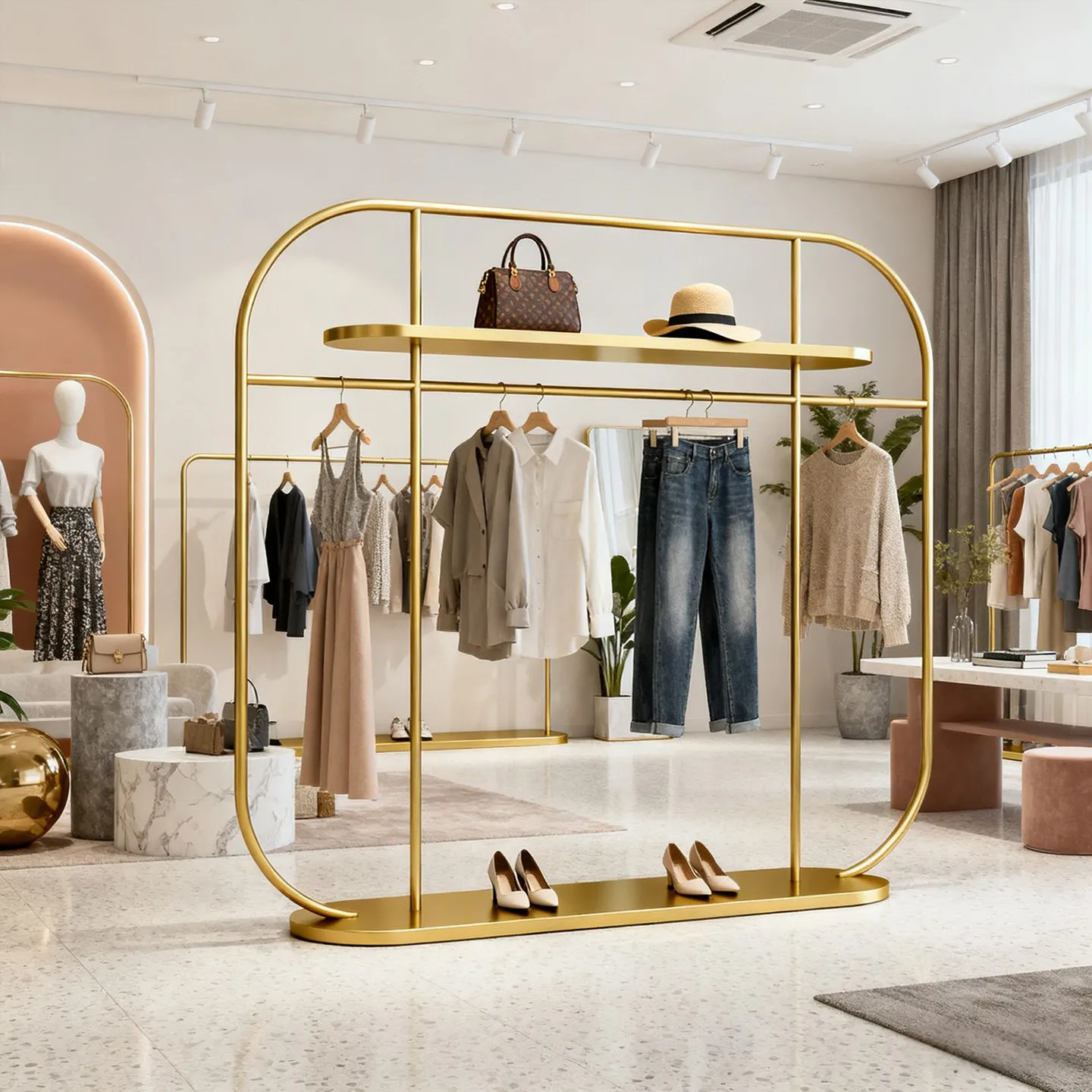 

Металлическая напольная вешалка для одежды в индустриальном стиле ретро, для женской одежды, для магазина или спальни.