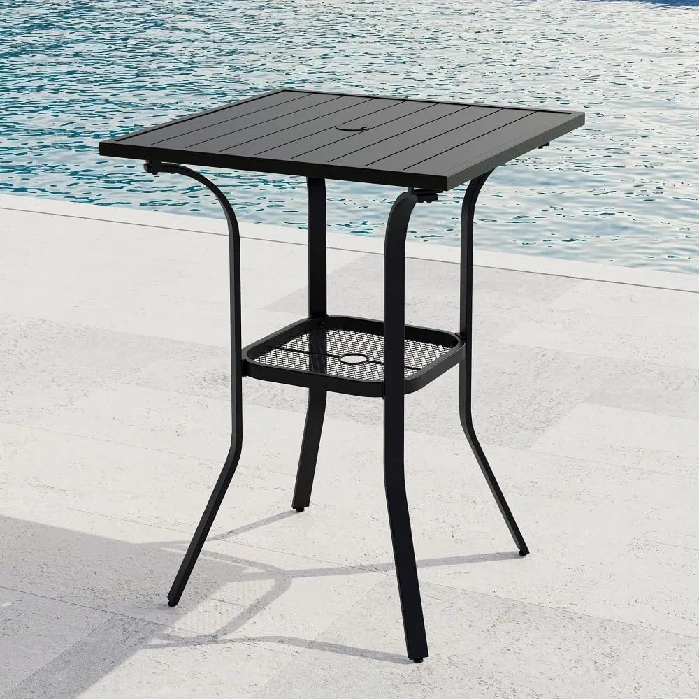 

Outdoor Bar Table, 28" Wide Square Patio Bar Height Table Weather Resistant Metal Slatted Tabletop with Umbrella Hole for Balco