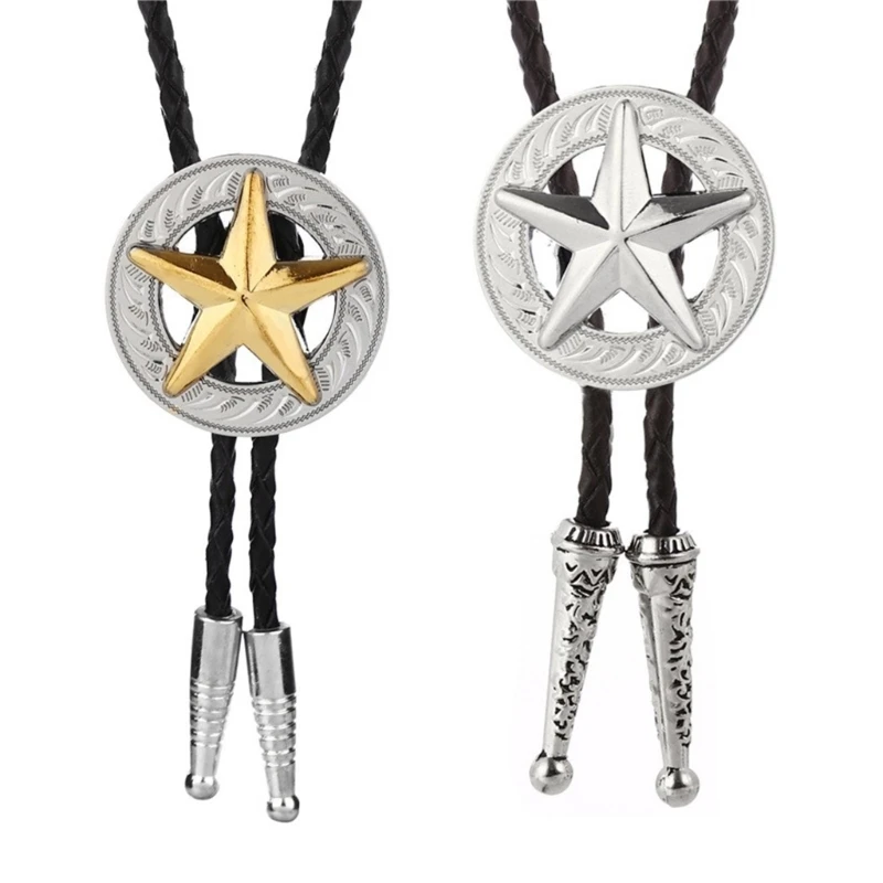 

Bolo Tie Necktie Artificial Leather Braided Rope Necklace with Vintage Metal Star Badge Pendant Jewelry Cowboy Neckwear