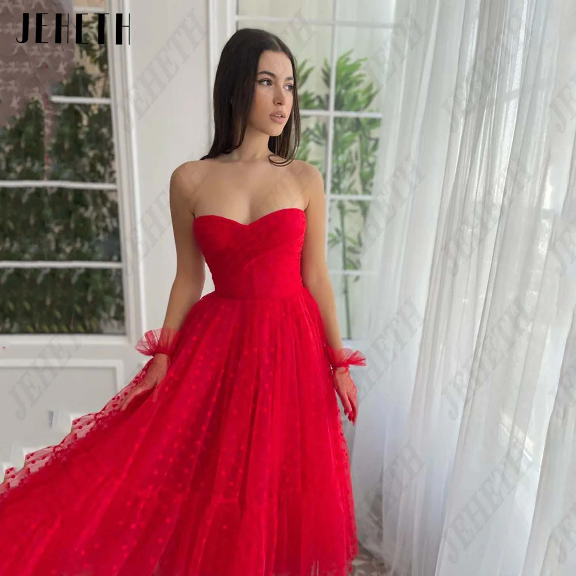 JEHETH Red Dot Strapless Prom Dress Sleeveless A-Line Tulle Vestidos De Festa Ankle Length Party Gowns For Woman Custom Made