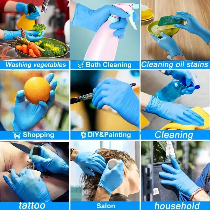 100/50PCS Blue Disposable Nitrile Gloves for Household Cleaning Hair Dyeing Tattoo Salon Painting Cooking Waterproof Dirt Proof