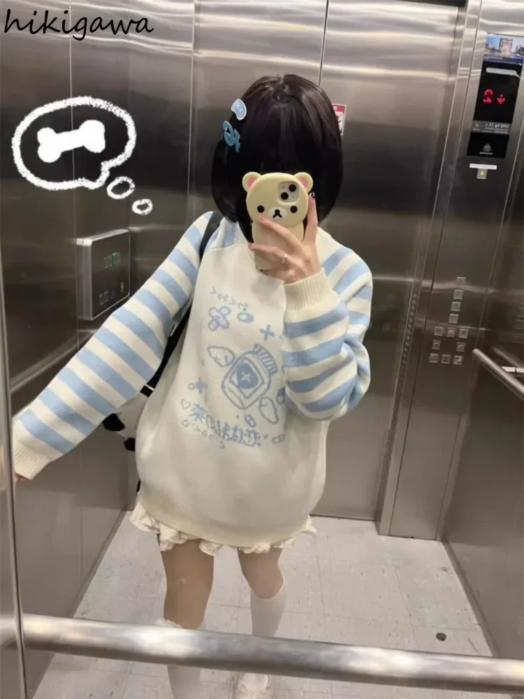 Patchwork Striped Sweater Women Fall Winter Clothing Anime Fashion Jumper Sueter Mujer Casual Knitted Oversized Pullovers Tops