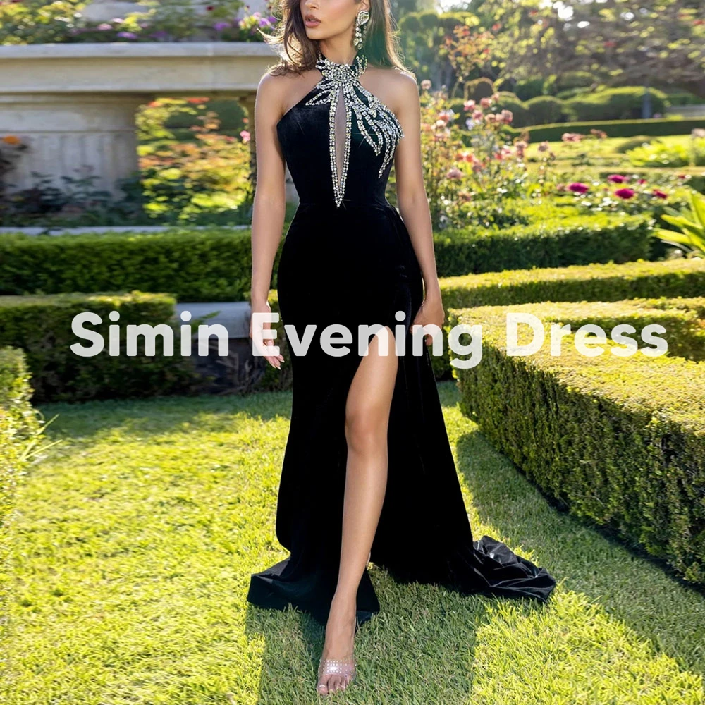 

Simin Women's Velour Beaded Halter Mermaid Split Evening Dresses With Sleeveless Floor-Length Formal Elegant Dresses 2025